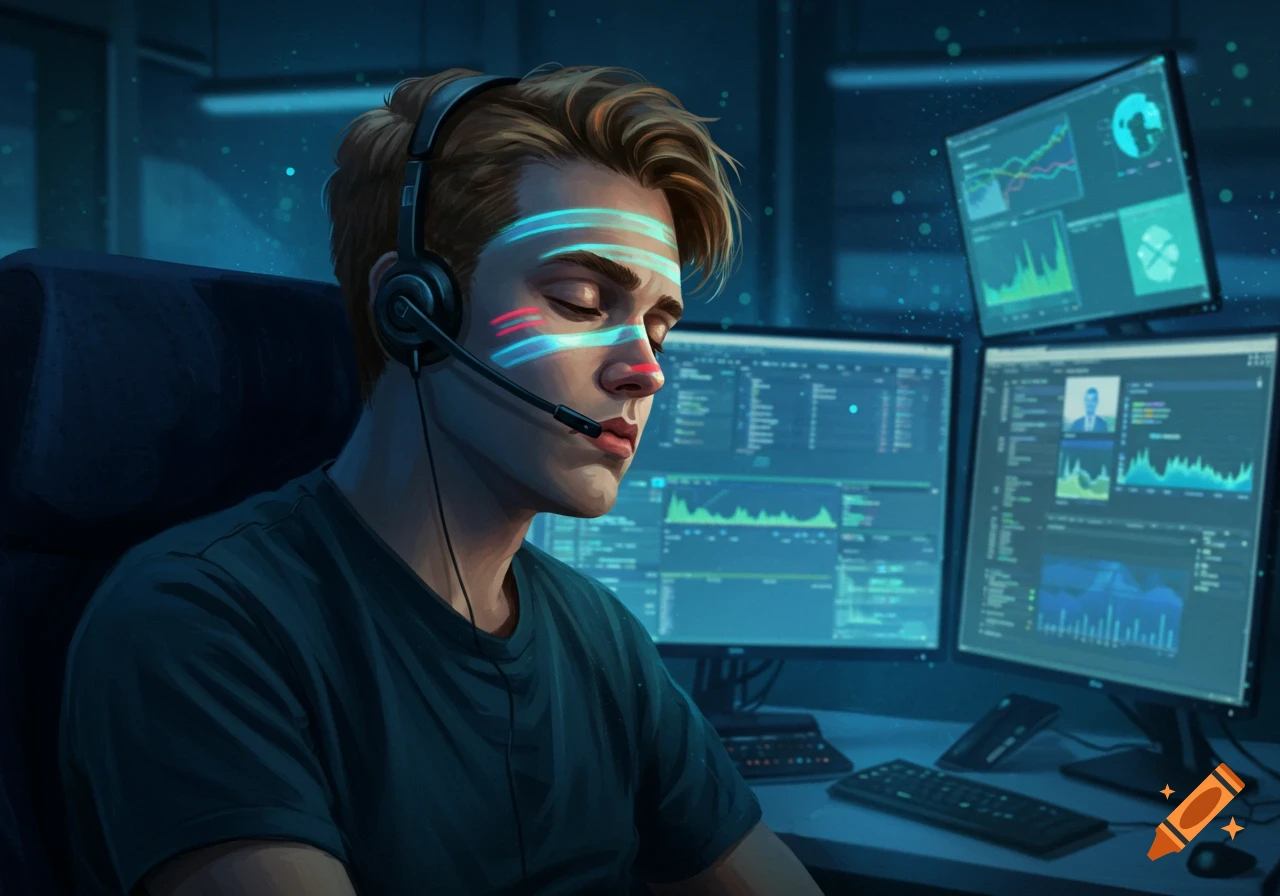 Young man with glowing lines on his face and a headset, looking bored in front of multiple computer screens displaying data, digital art.