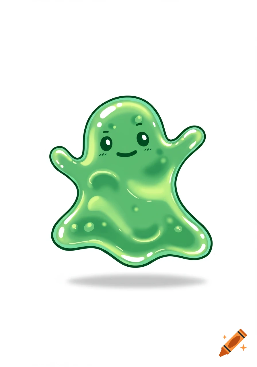 A cute green cartoon slime character with a happy face, floating on a white background.