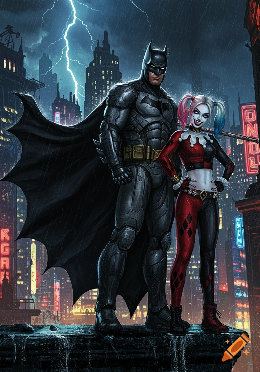A detailed comic art illustration of Batman and Harley Quinn standing on a rainy Gotham City rooftop with lightning in the sky.