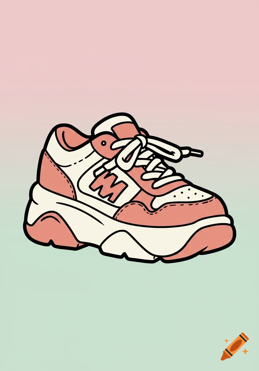 A cartoon-style pink and white chunky sneaker with thick outlines, set against a pastel pink and green gradient background.