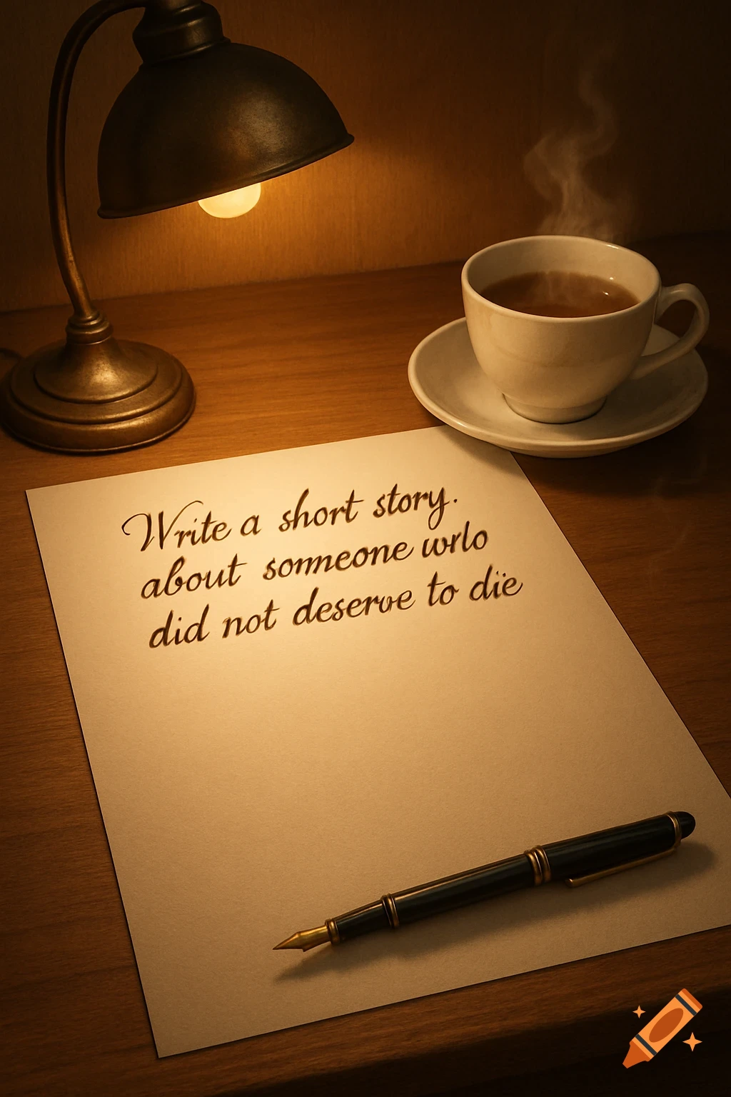 A warm, dimly lit desk with a classic lamp, a steaming cup of coffee, a fountain pen, and a paper with a story prompt.