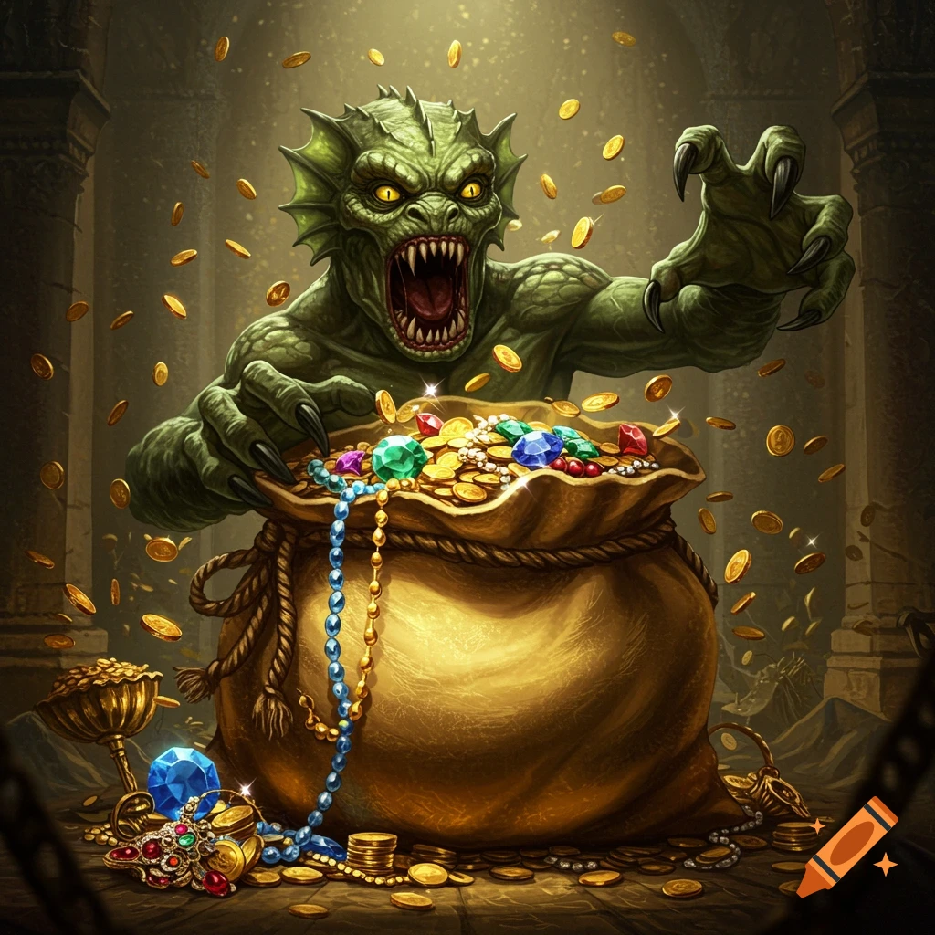A fearsome green monster with yellow eyes and sharp teeth bursts from a large sack of gold and jewels in a dark ruin.
