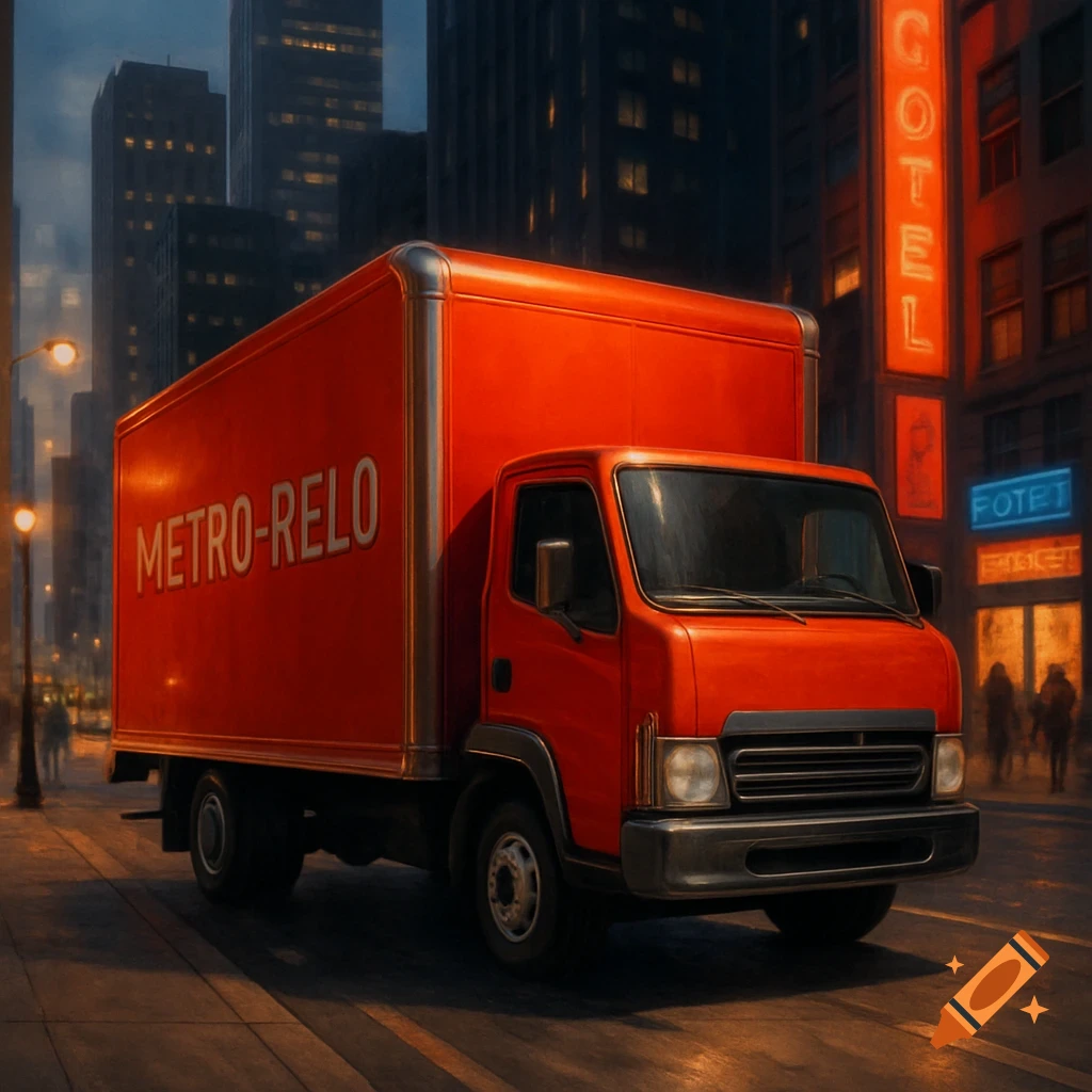 A vibrant red box truck with "METRO-RELO" lettering on its side is parked on a city street at night, with tall buildings and glowing neon signs in the background.