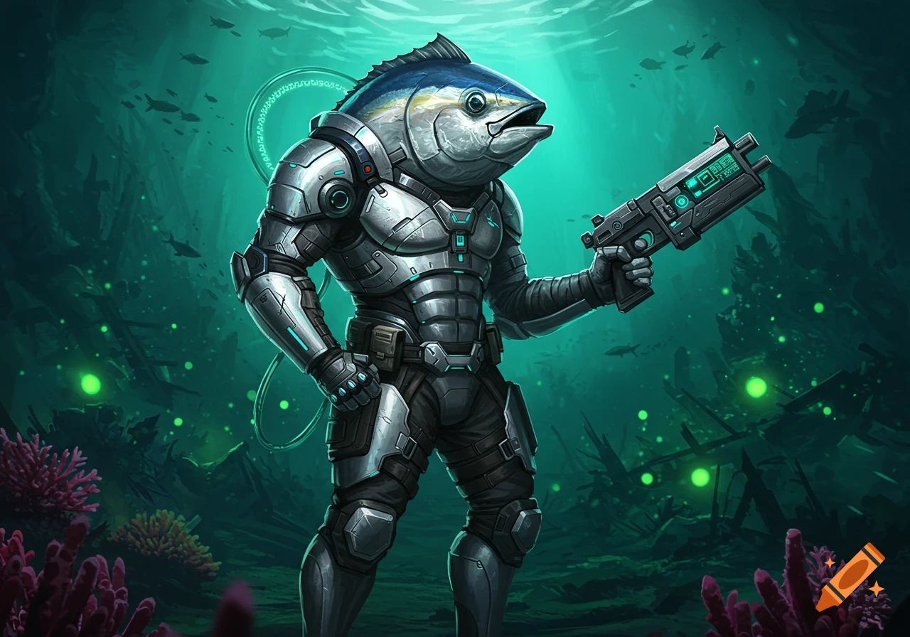 A futuristic tuna fish soldier in silver and black armor holds a gun in a dark green underwater environment with glowing orbs.