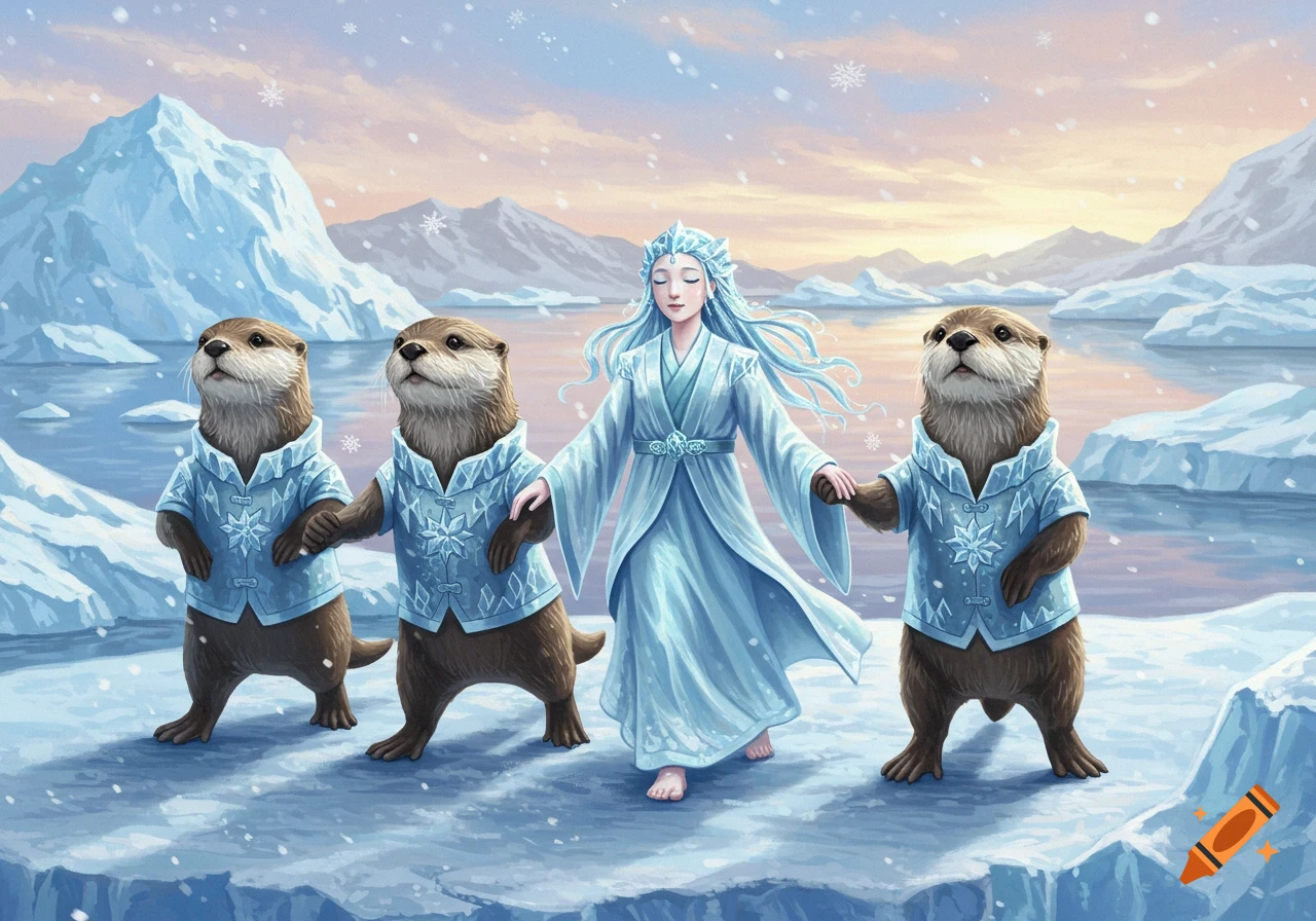 A fantasy woman in an icy blue gown walks barefoot on snow, holding hands with two otters wearing snowflake shirts, in a winter wonderland with icebergs.