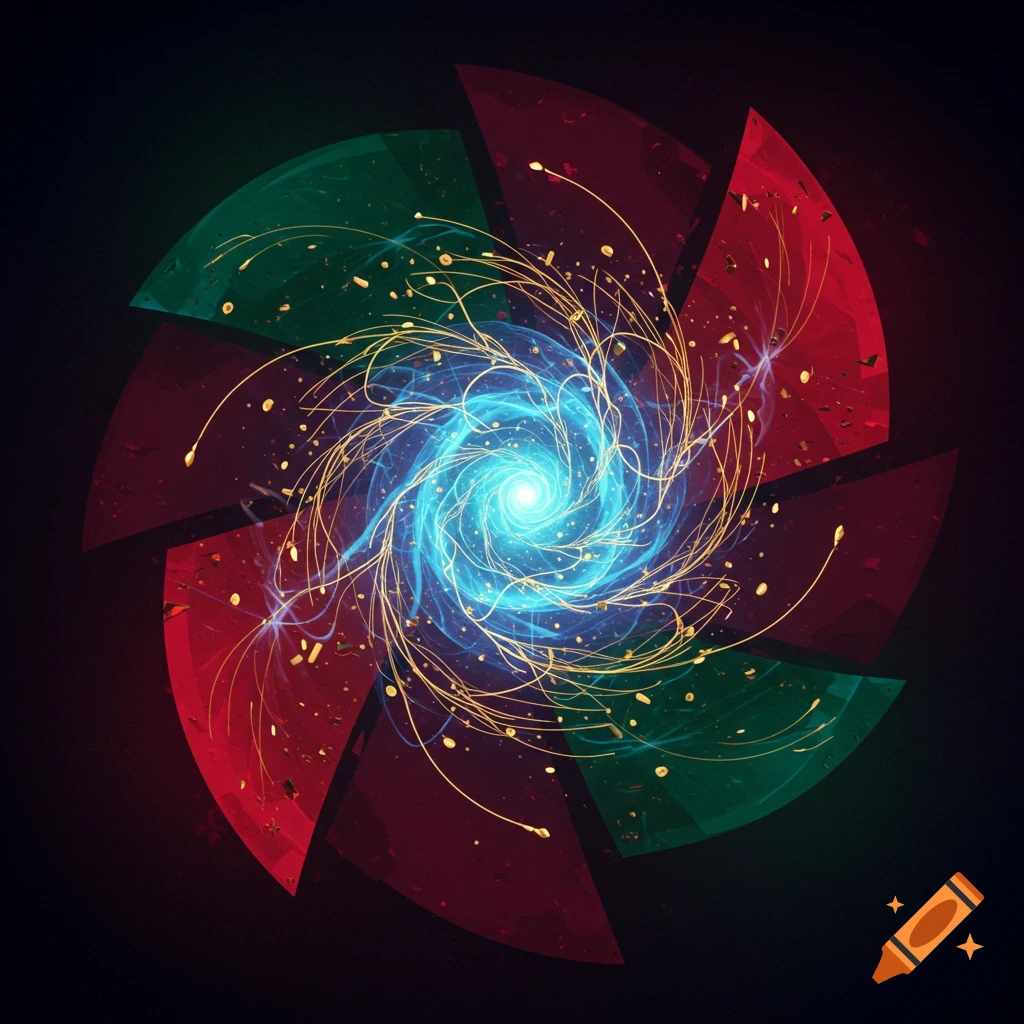 A vibrant abstract design featuring a swirling blue light core surrounded by golden particles and tendrils, encased in red and green geometric shapes on a dark background.