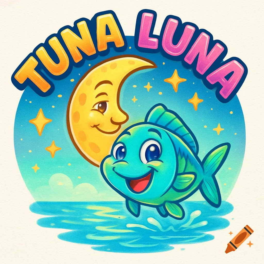 A colorful cartoon logo featuring a happy blue fish jumping out of water next to a smiling yellow crescent moon, with the words "TUNA LUNA" above.