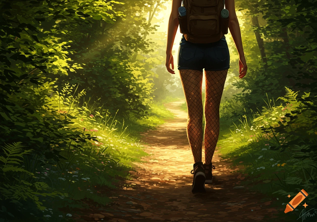 A woman with a backpack and fishnet leggings walks away on a sun-dappled forest trail.