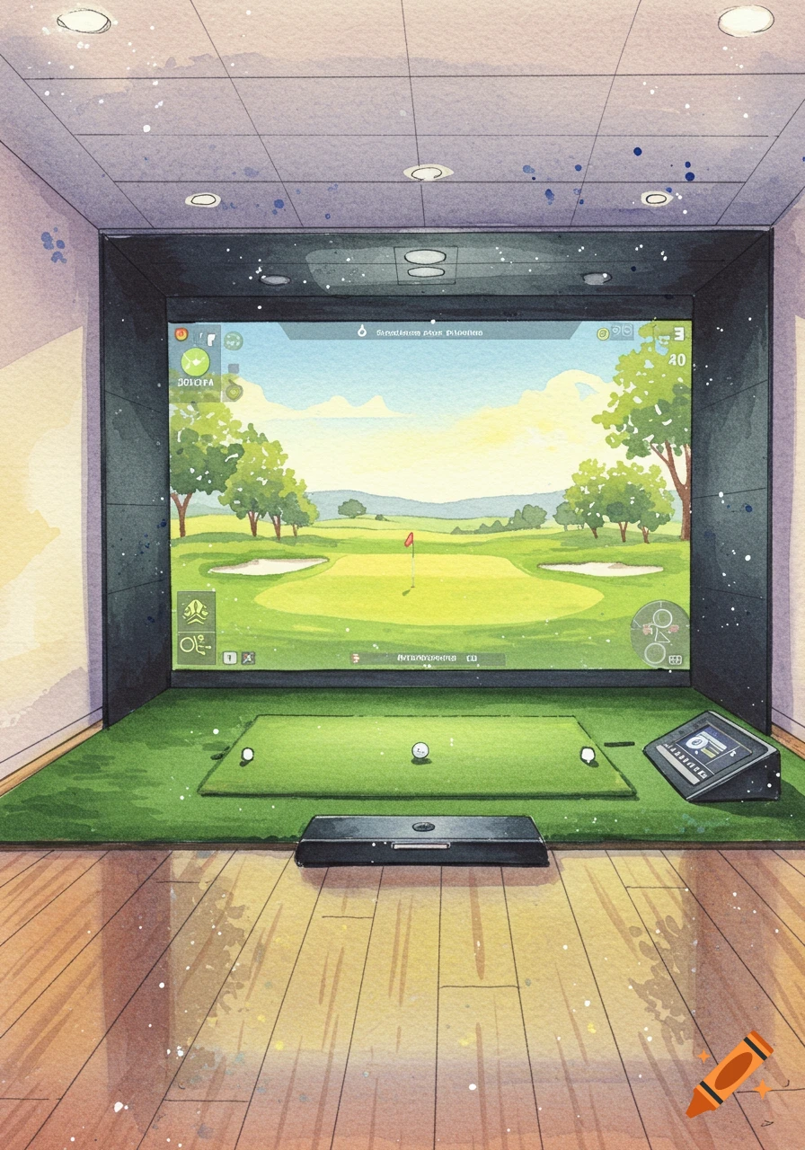 Watercolor painting of an indoor golf simulator setup with a virtual golf course on a large screen.