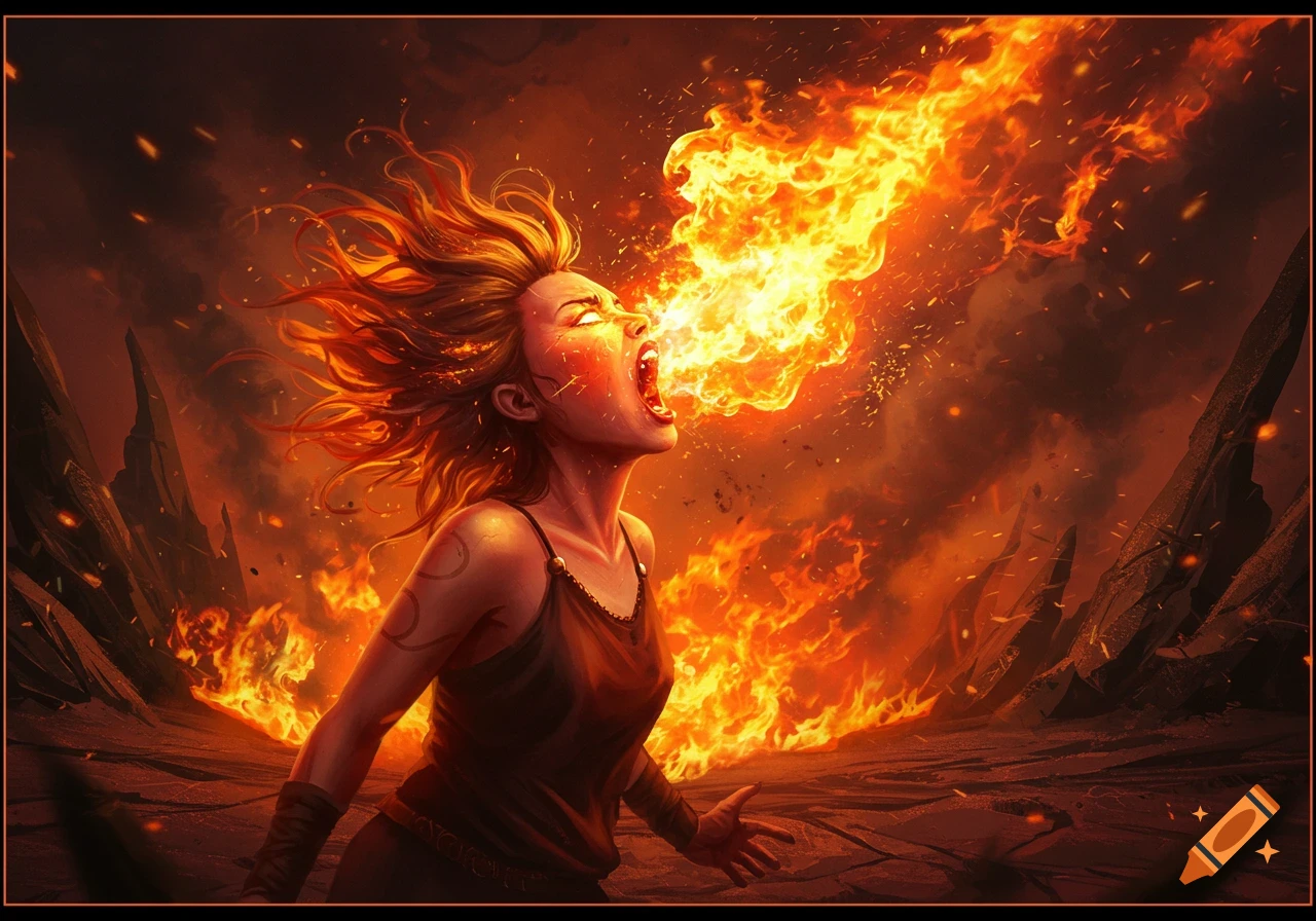 A woman with glowing eyes screams as she breathes a large stream of fire in a fiery landscape.