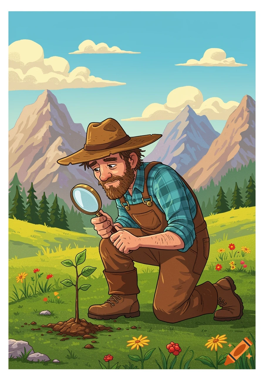 A cartoon man in a hat and overalls kneels, examining a sapling with a magnifying glass in a mountain landscape.