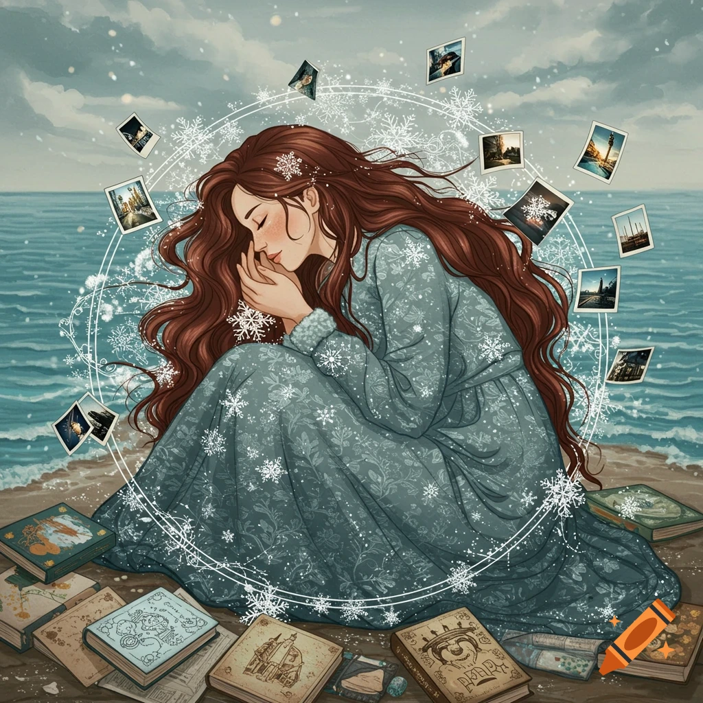 An illustrated fantasy scene of a girl with long brown hair, wearing a teal dress, sitting on a beach surrounded by books and floating photos, with snowflakes falling.
