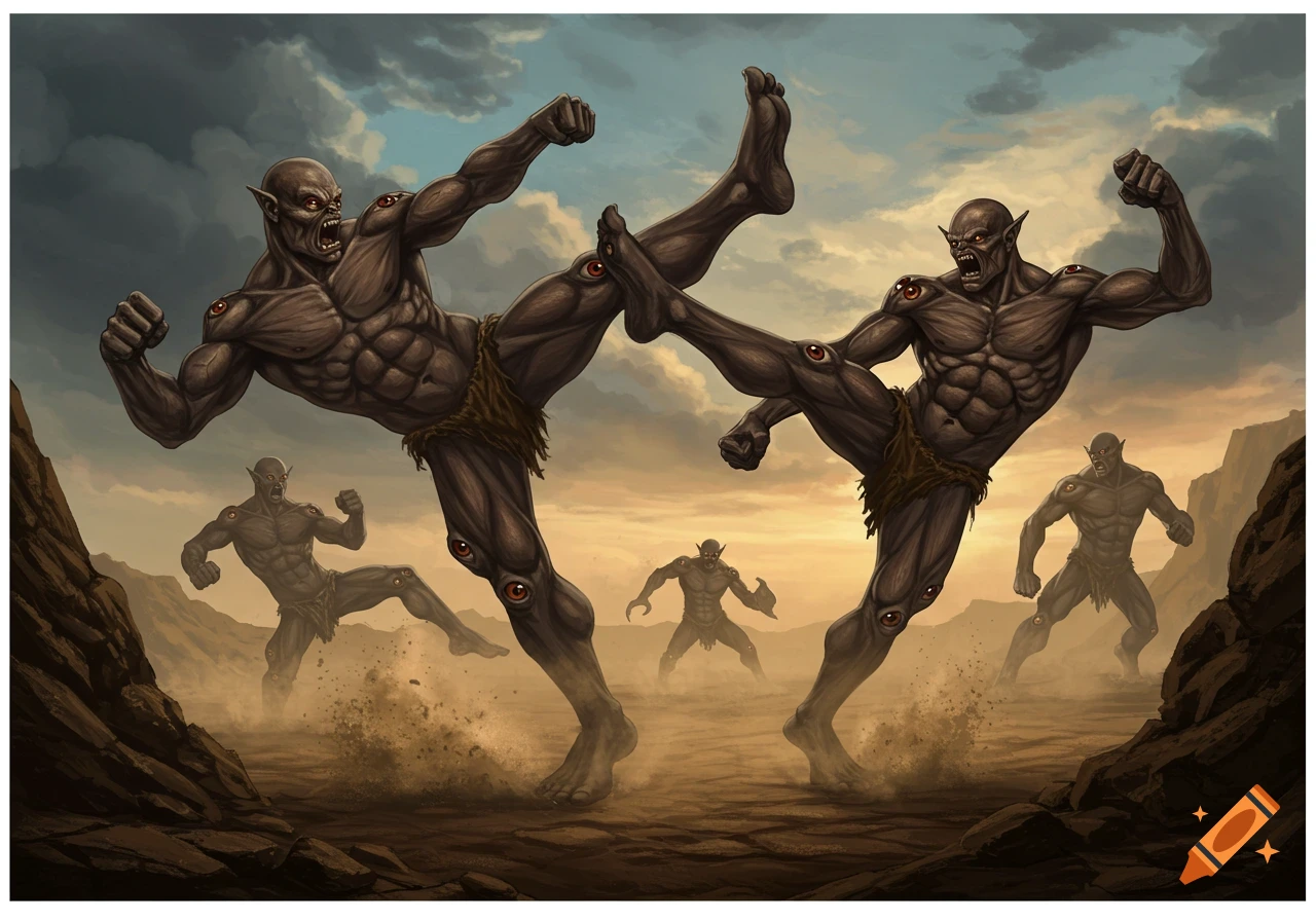 Muscular, multi-eyed humanoid monsters called Aigamuxa battle in a dusty, rocky landscape under a dramatic sunset sky.