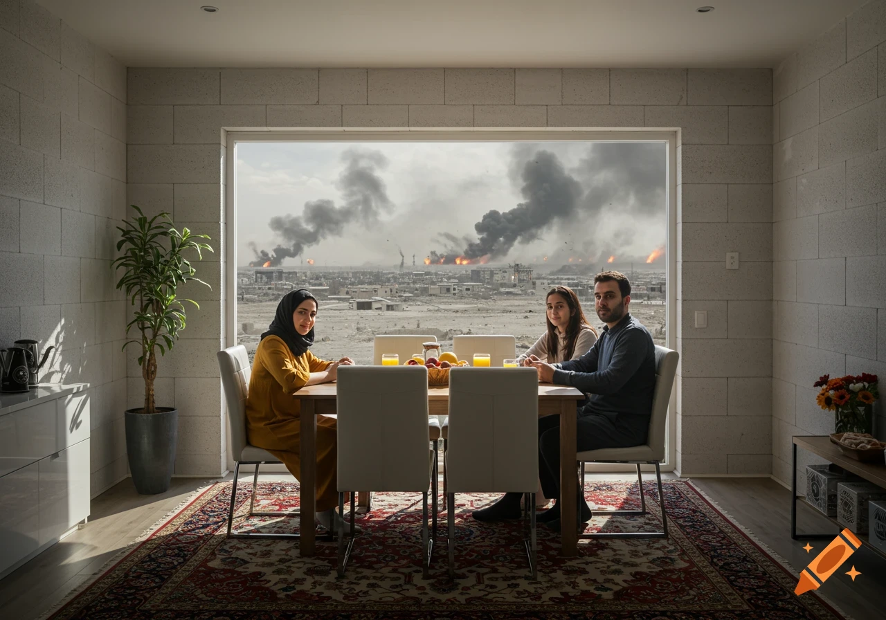 Photorealistic image of a Middle Eastern family having breakfast in a modern home, with a war-torn city visible through a large window.
