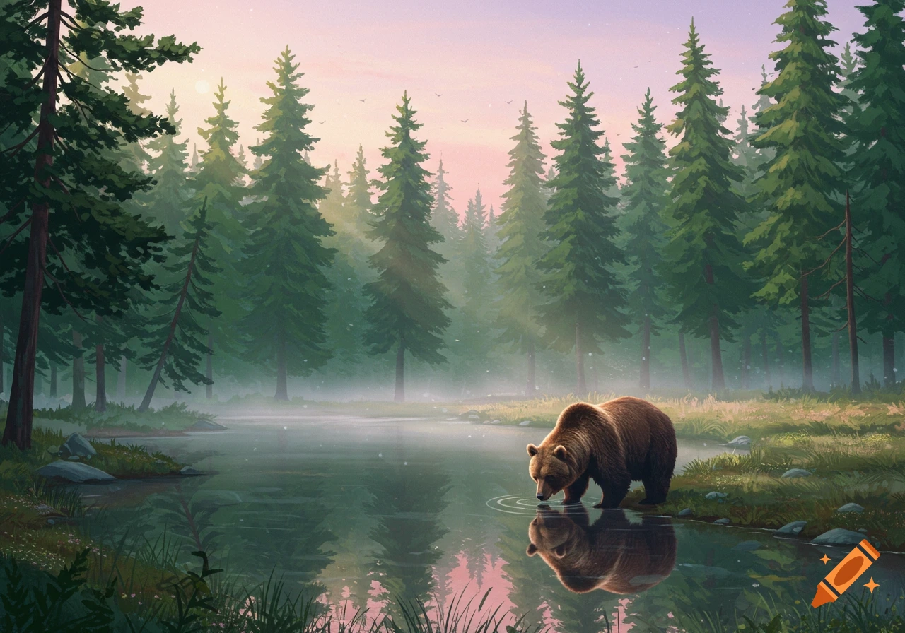 A brown bear drinks from a pond in a misty pine forest during sunrise, its reflection visible.