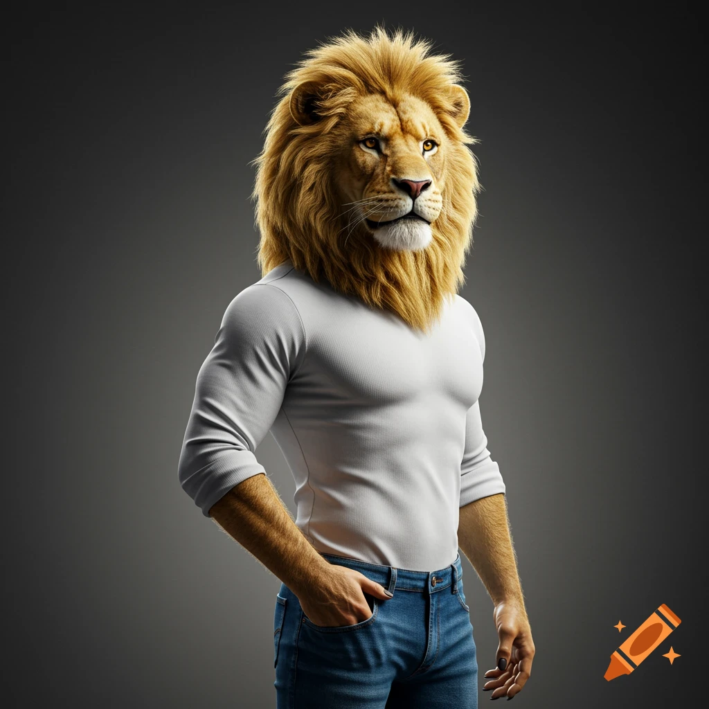 A photorealistic human-lion hybrid with a muscular body, wearing a white long-sleeve shirt and blue jeans, standing against a gray background.