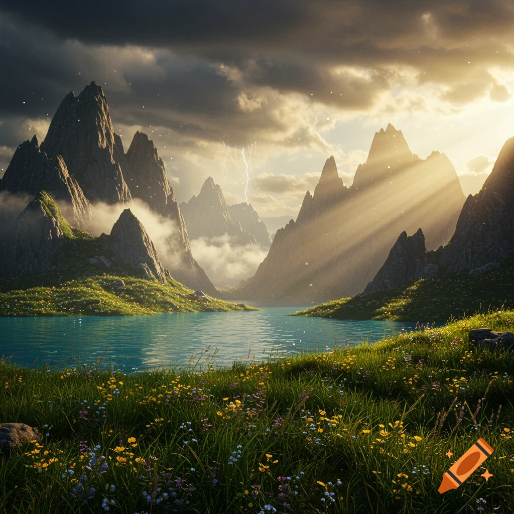 A majestic photorealistic mountain landscape with a serene lake, green meadows, and flowers under a dramatic sky with sun rays and lightning.