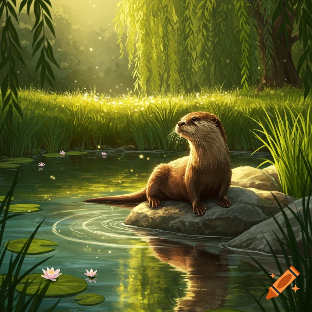 An otter sits on a rock in a sunlit pond with lily pads and green foliage in an illustrative style.