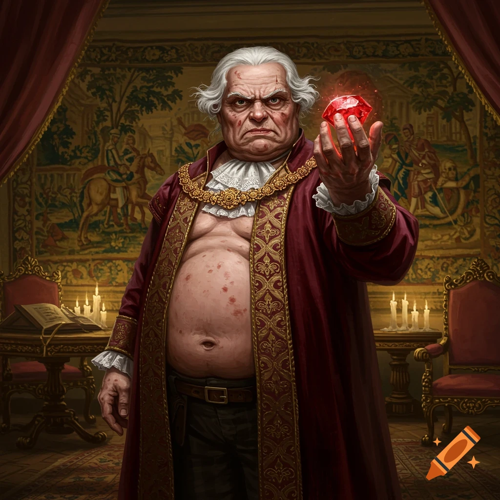 An angry, portly nobleman with white hair and a red robe holds a glowing red ruby. He stands in a richly decorated room with tapestries and candles.