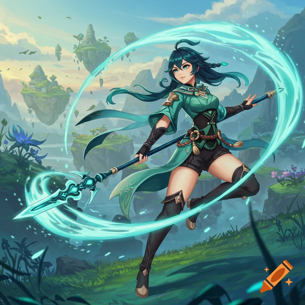 A female character in a green outfit holds a glowing spear with a swirling turquoise energy effect in a fantasy landscape with floating islands.