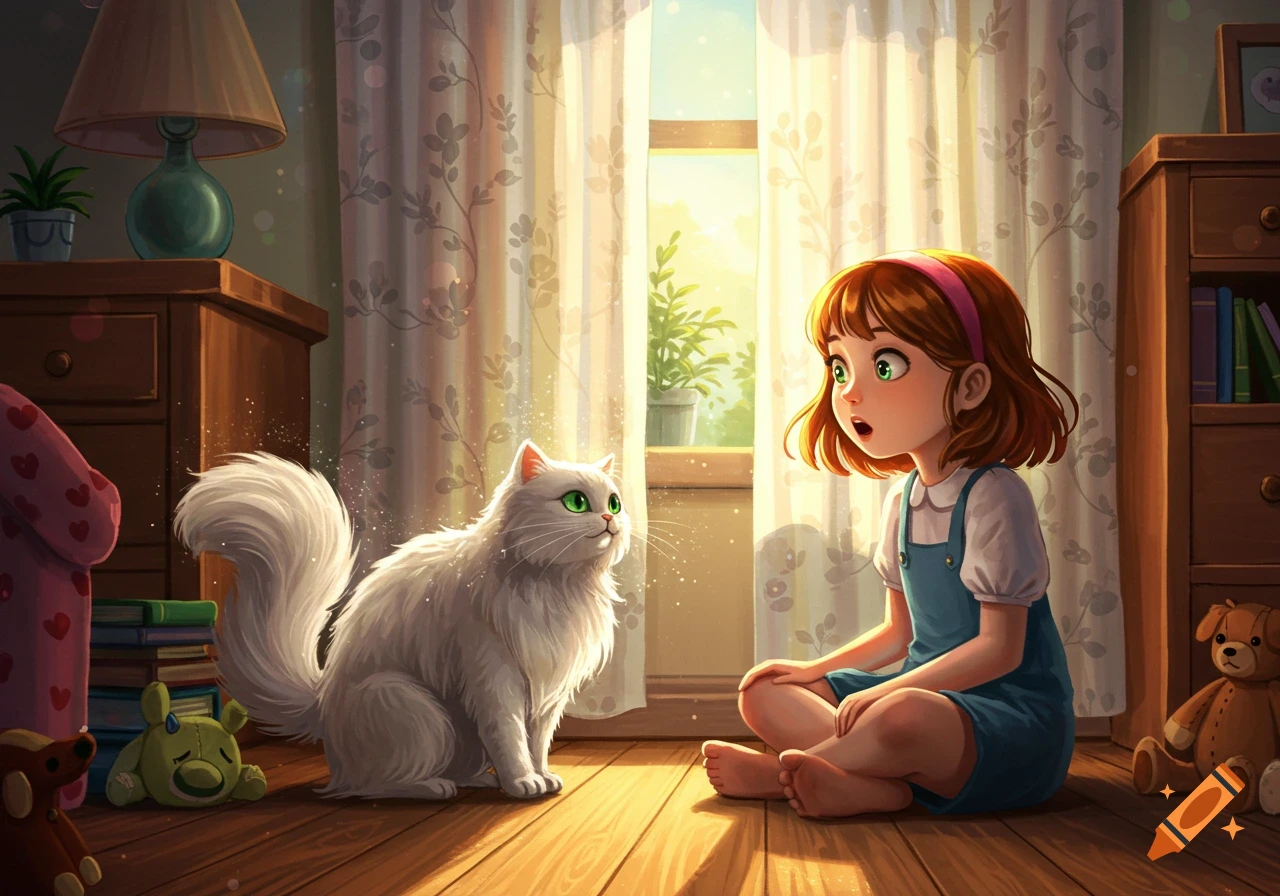 A surprised young girl with red hair sits on a wooden floor, looking at a fluffy white cat with green eyes in a sunlit room.