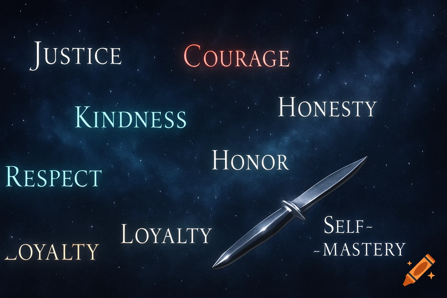 Words like Justice, Courage, Kindness, Respect, Honesty, Honor, Loyalty, and Self-Mastery with a knife against a starry space background.
