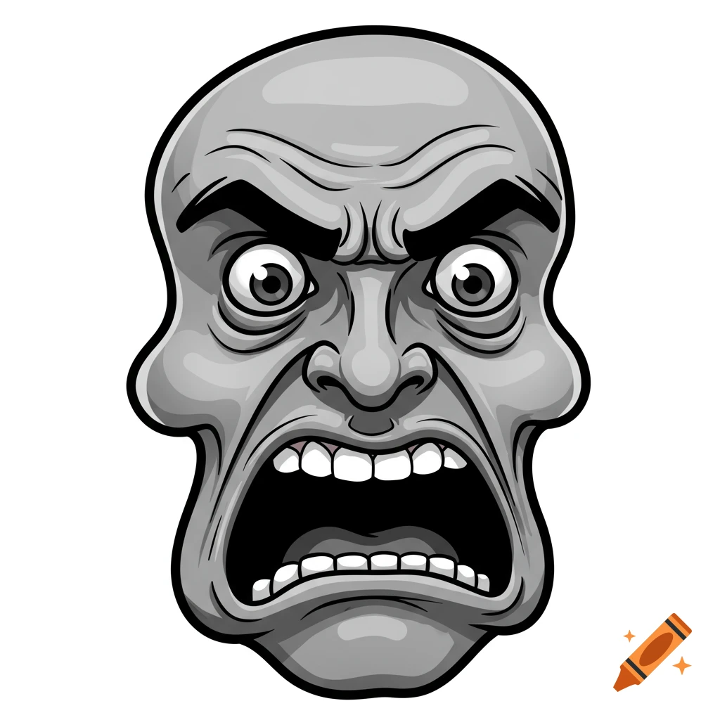 Black and white cartoon illustration of an angry, screaming bald head with wide eyes and exaggerated features.