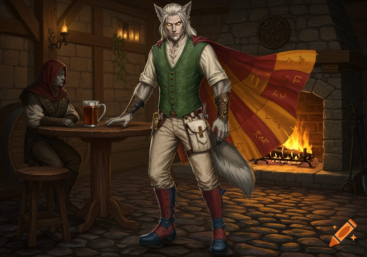 A werewolf-like character with grey fur and yellow eyes stands in a medieval tavern, wearing a green vest and a red and yellow cloak with runes. Another hooded figure sits at a table with a mug of beer.
