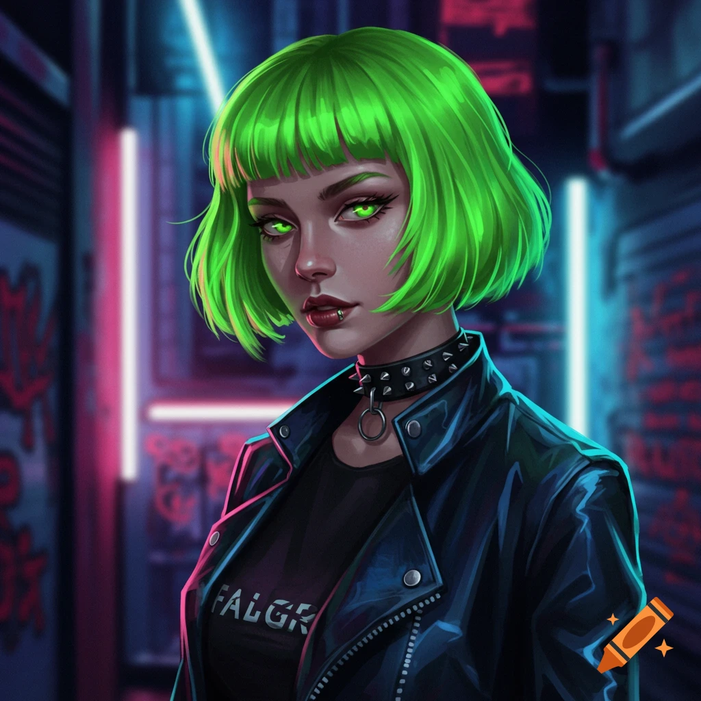 Stylized portrait of a woman with bright green hair, green eyes, a nose ring, and a studded choker, wearing a leather jacket in a neon-lit setting.