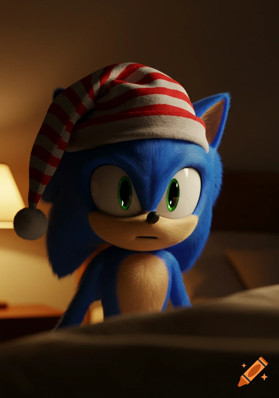 Photorealistic Sonic the Hedgehog in a red and white striped nightcap, looking confused in a dimly lit room.