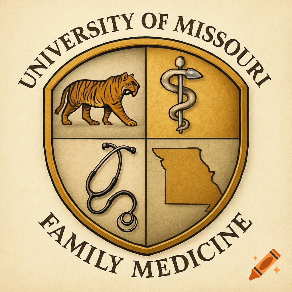 An illustrated university crest divided into four sections with a tiger, Rod of Asclepius, stethoscope, and map of Missouri. Text reads 'University of Missouri Family Medicine'.
