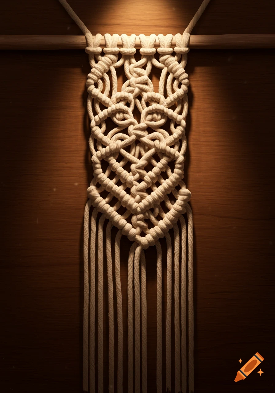 Close-up of a cream-colored macrame wall hanging with intricate knots on a wooden background, lit from above.
