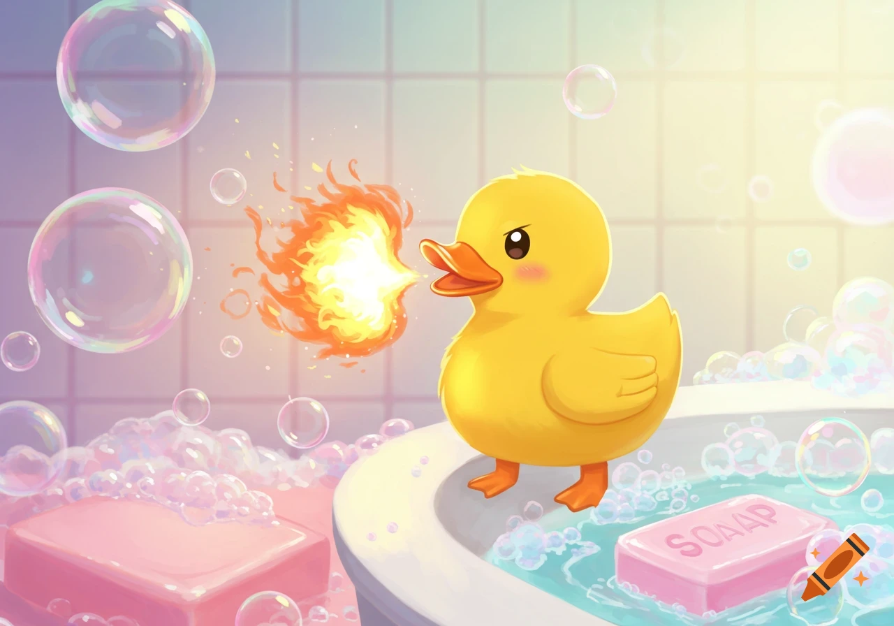 A cute anime-style rubber duck breathes fire while standing on the edge of a bubble-filled bathtub with bars of soap.