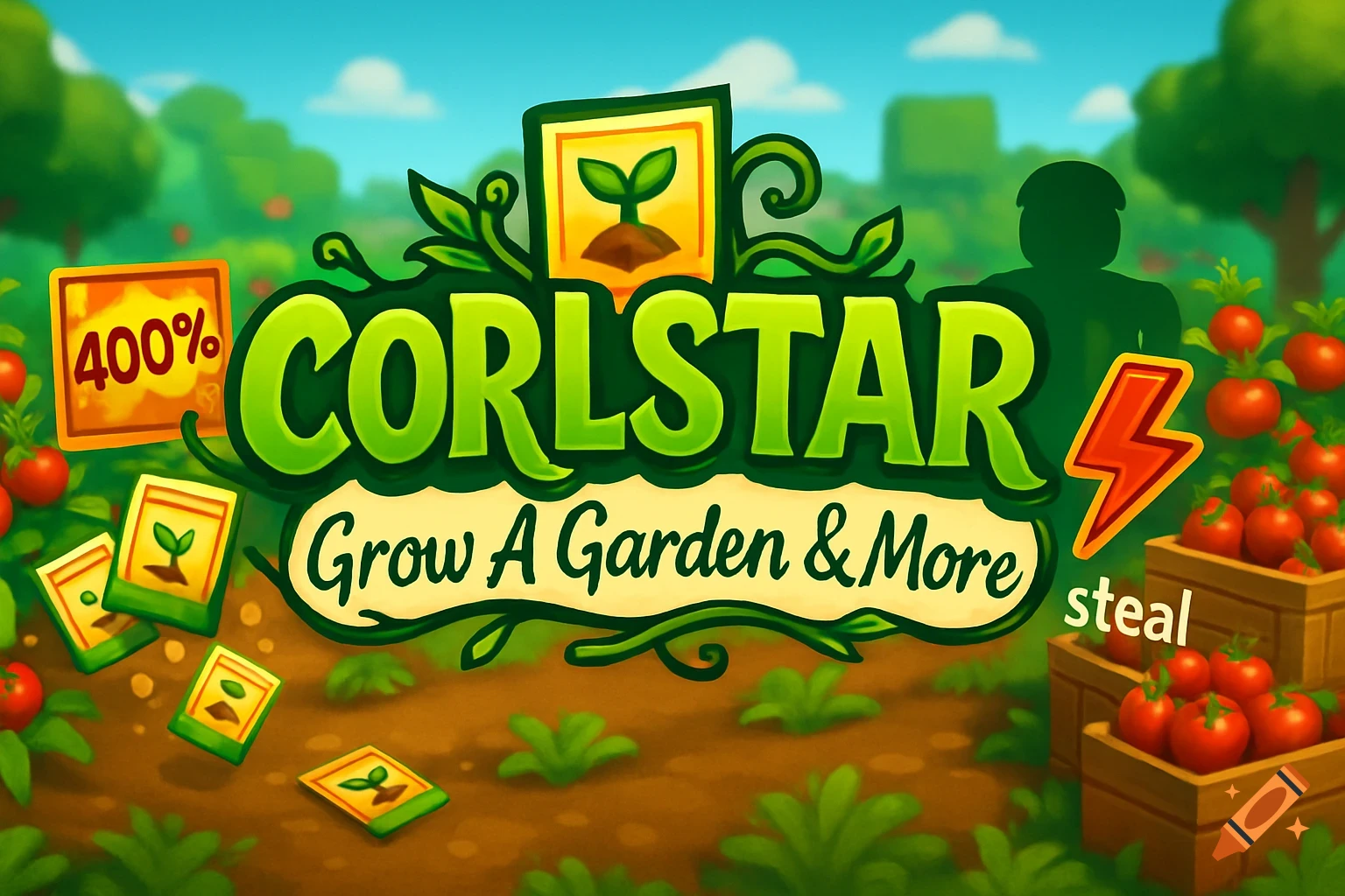 Cartoon YouTube banner for 'CORLSTAR', featuring a garden with tomato plants, seed packets, and text 'Grow A Garden & More', '400%', and 'steal'.