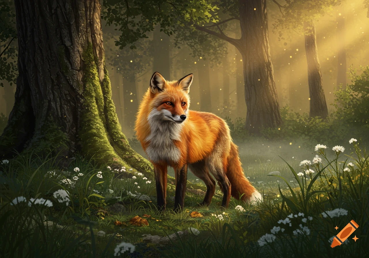 A vibrant orange fox stands in a mystical, sun-dappled forest clearing with white wildflowers and glowing fireflies.