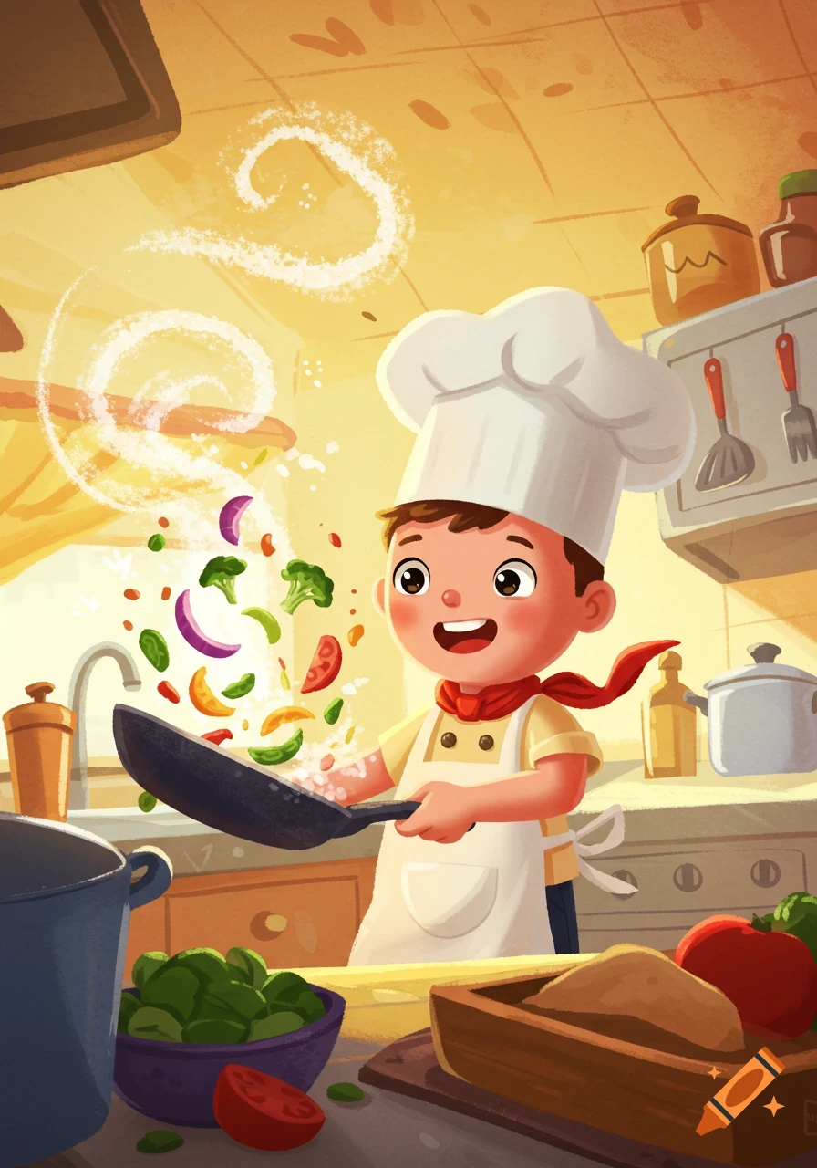 A cheerful cartoon boy chef in an apron and chef's hat, stir-frying colorful vegetables in a bright kitchen.