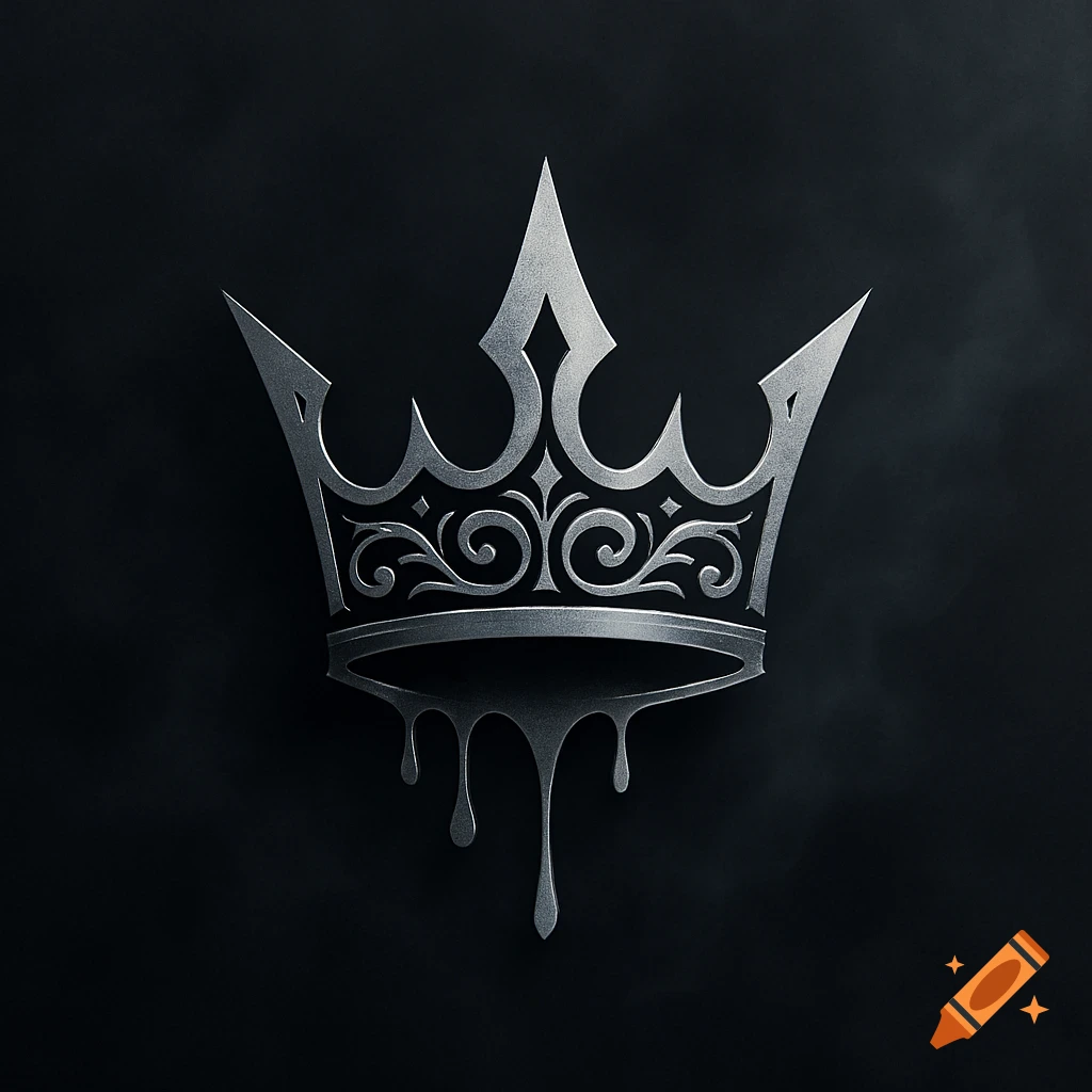 A silver crown logo with ornate filigree details, dripping at the base, on a dark, smoky background.