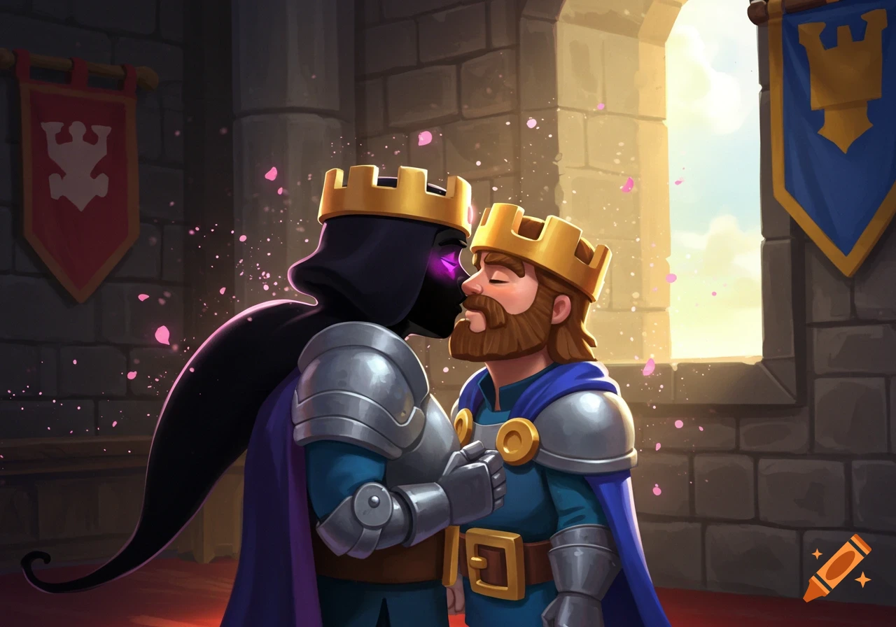 A bearded king with a golden crown is kissed by a shadowy figure with glowing purple eyes in a castle setting. Cartoon style.