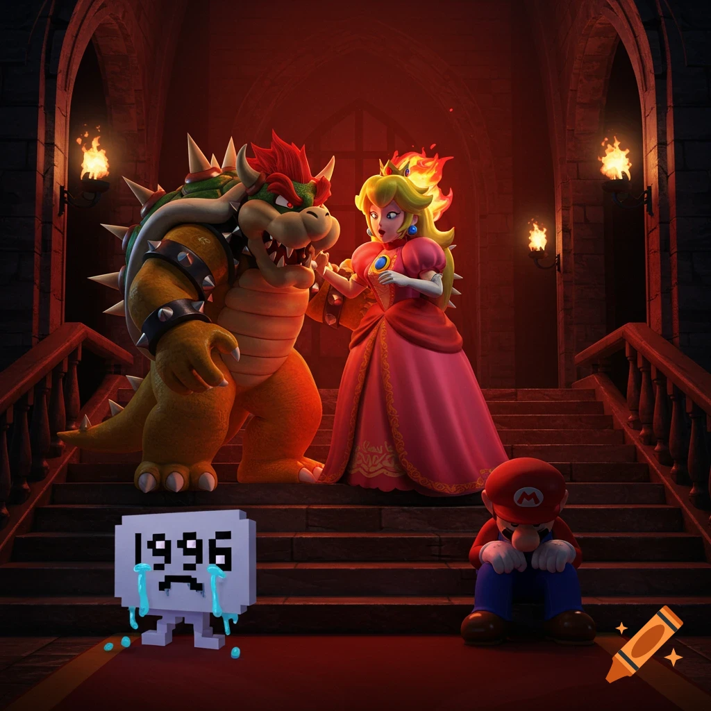 Bowser and Princess Peach stand on a grand staircase, while a sad Mario sits below with a crying pixelated 1996 box.