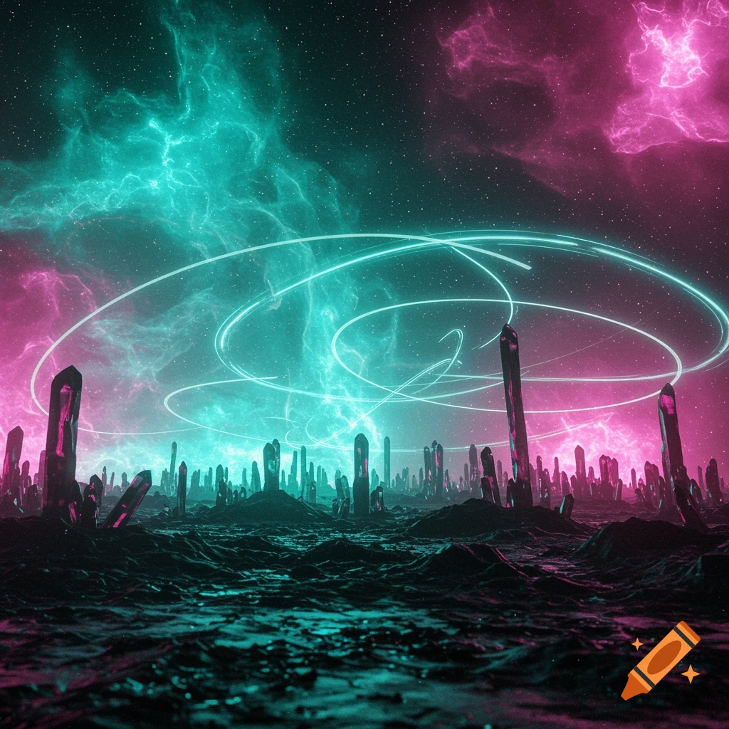 A vibrant sci-fi landscape with glowing crystals, swirling neon teal and magenta nebulae, and luminous rings in the starry sky.