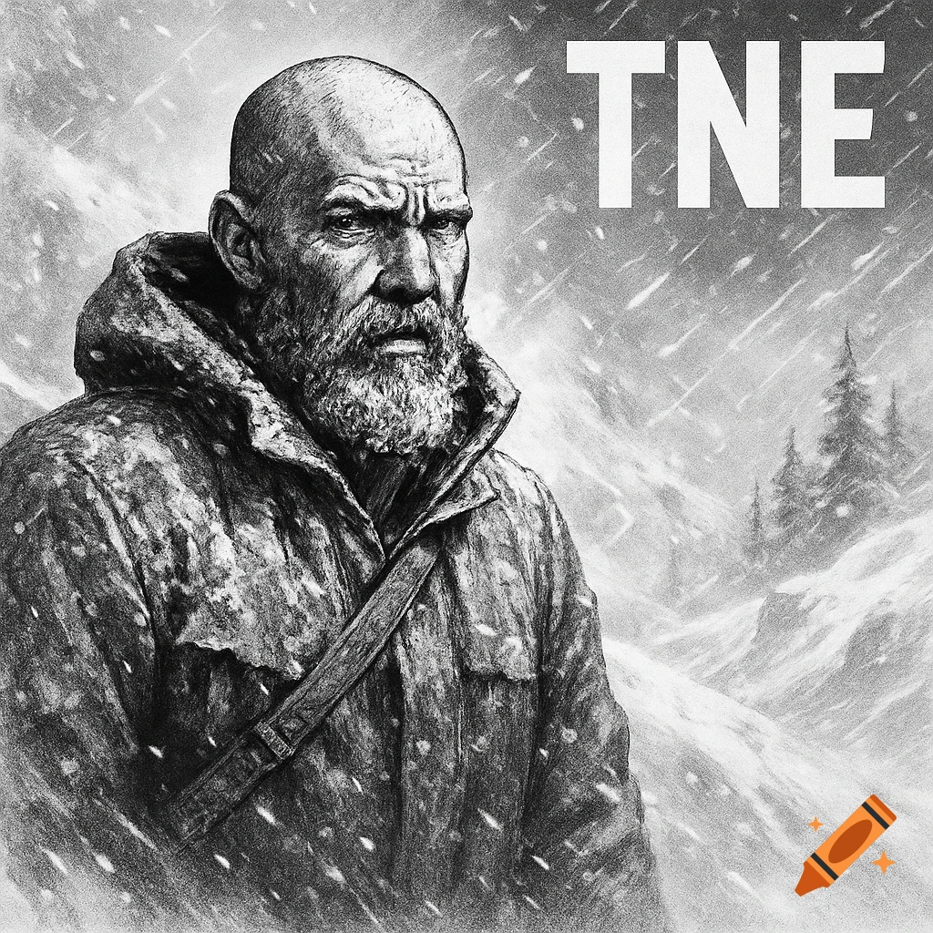 Black and white sketch of a stern bald, bearded man in a heavy coat in a snowy mountain landscape, with 'TNE' text.