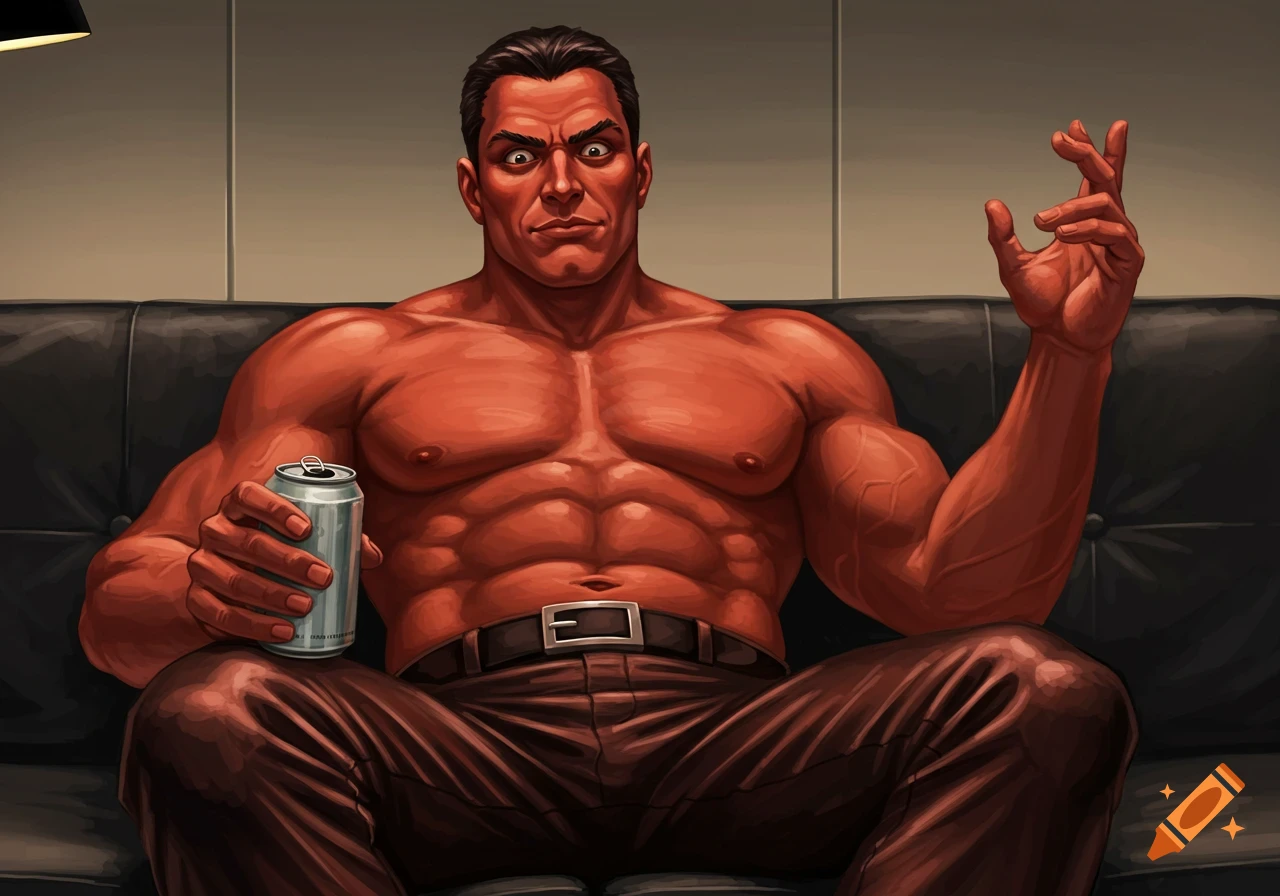 A muscular, red-skinned man with wide eyes sits shirtless on a black couch, holding a can and gesturing with one hand, in an illustration style.