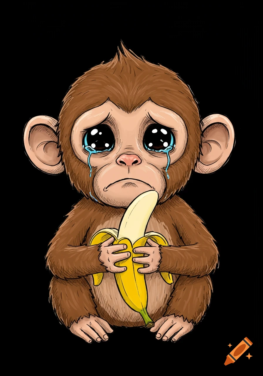 A sad, cute, cartoony brown monkey with large teary eyes holds a yellow banana against a black background.
