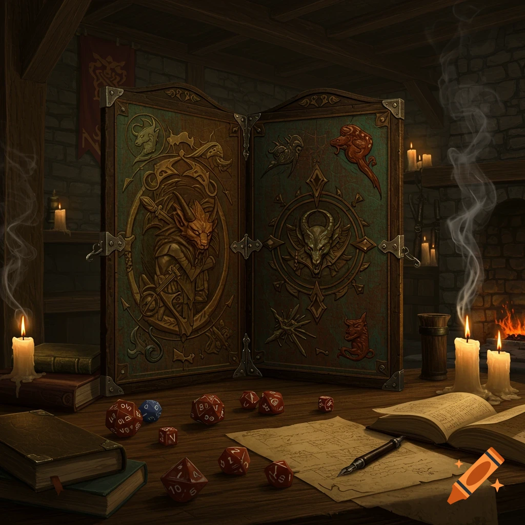 A fantasy tabletop role-playing game scene with a DM screen, polyhedral dice, books, and a map on a wooden table, lit by candles.