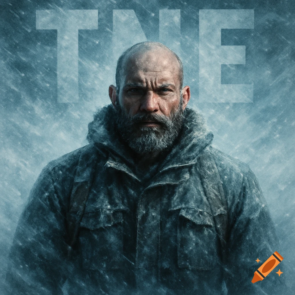 Close-up of a rugged bald man with a beard, wearing a winter coat in a snowy whiteout.