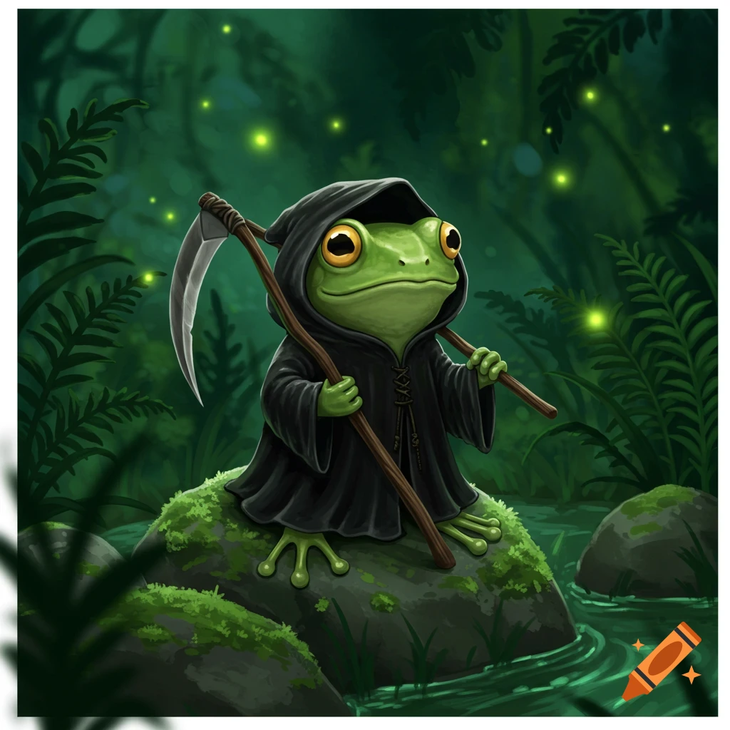 A cute cartoon frog dressed as a grim reaper, holding a scythe, sitting on a mossy rock in a dark, magical forest.