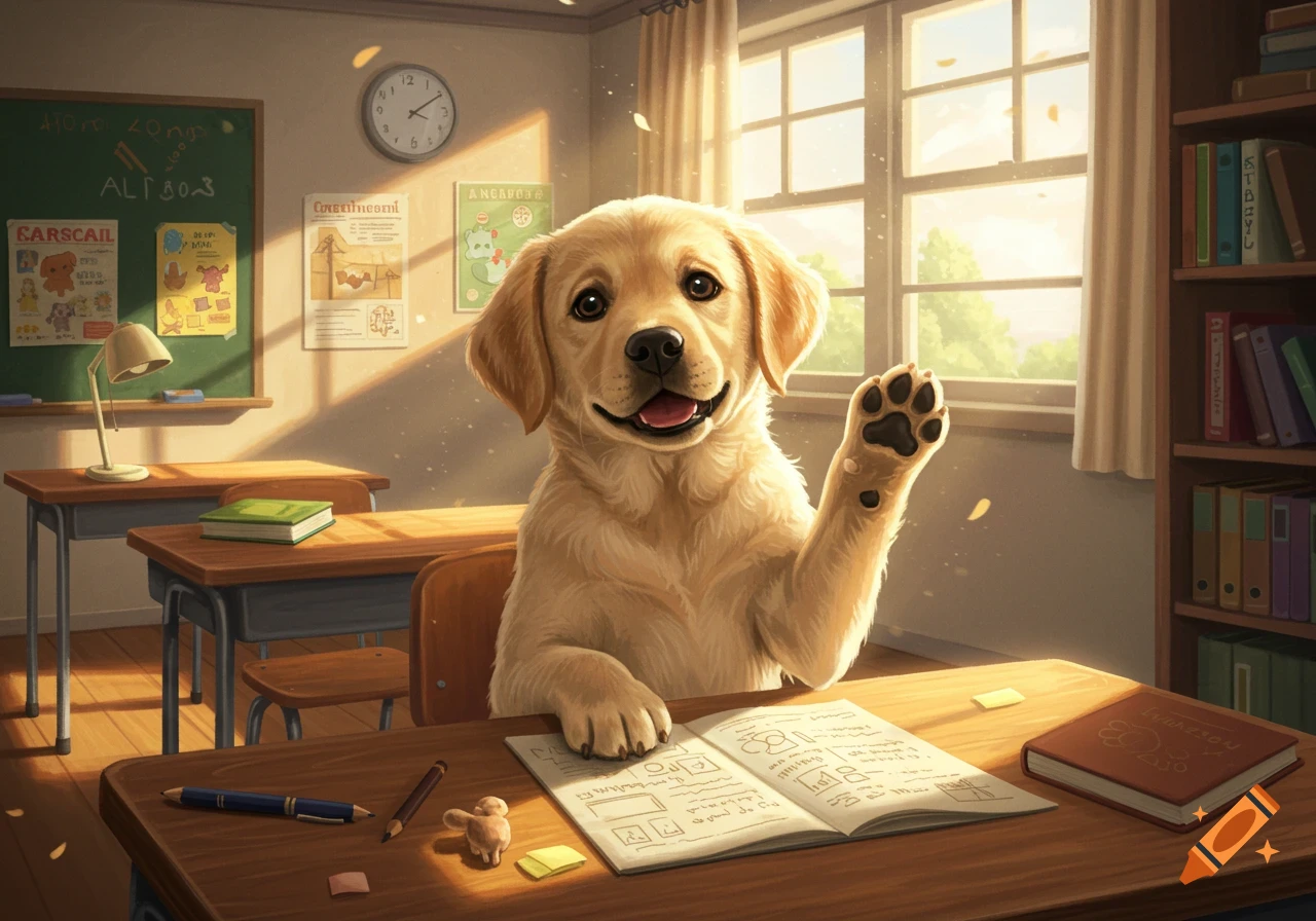 A happy golden retriever puppy sits at a desk in a sunny classroom, raising its paw.