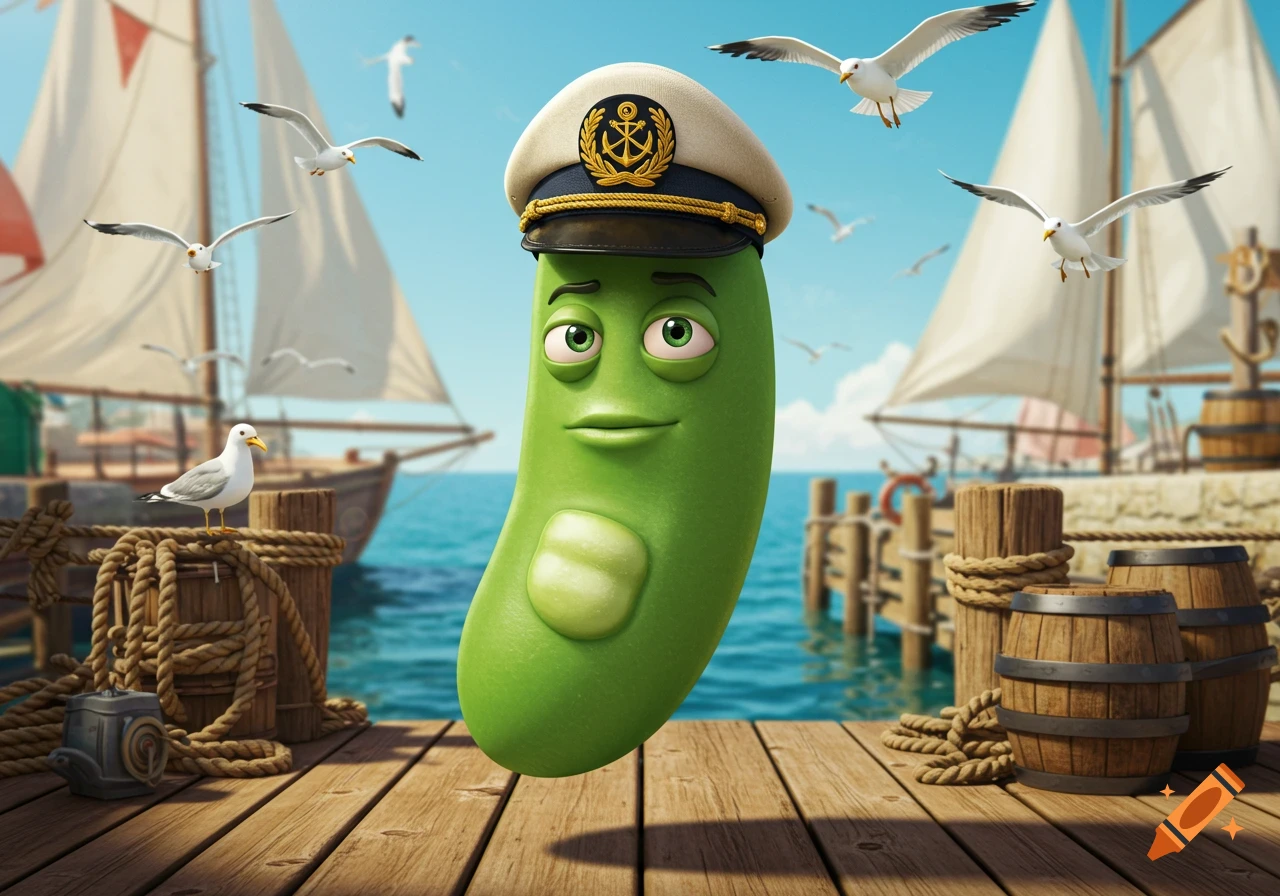 A cartoonish 3D green bean character wearing a captain's hat stands on a wooden dock with sailboats and seagulls.