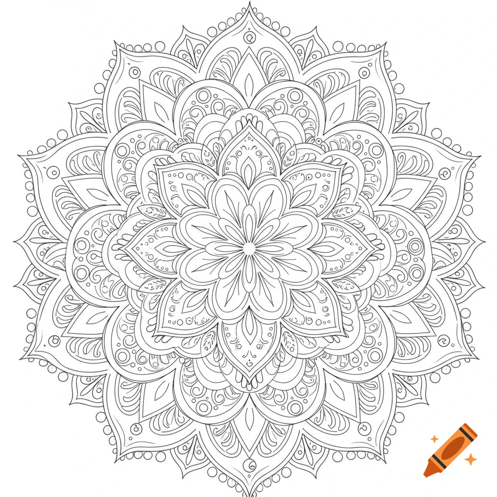 An intricate black and white line art mandala pattern with floral and geometric elements.
