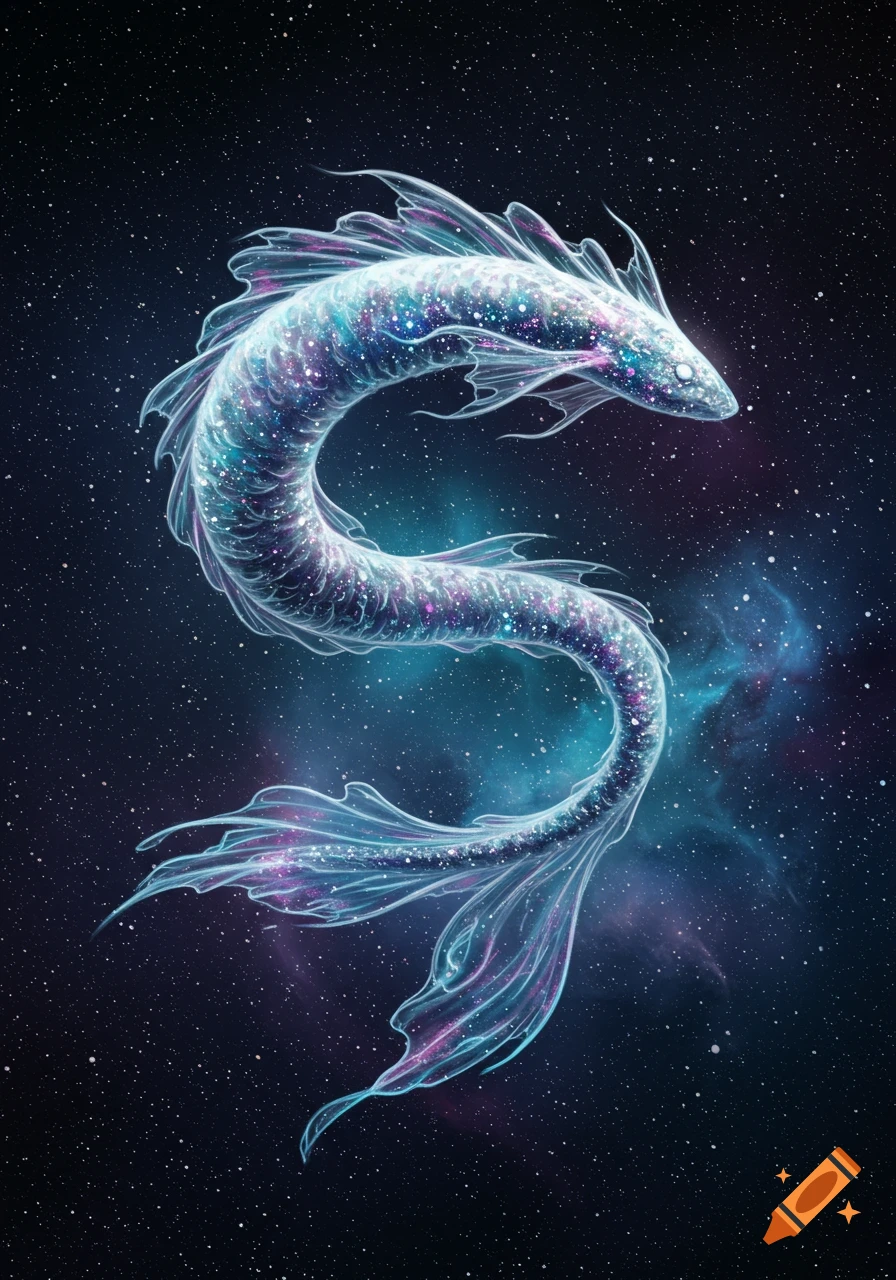 A luminous, eel-like cosmic creature, sparkling with stars and nebulae, against a dark starry galaxy.